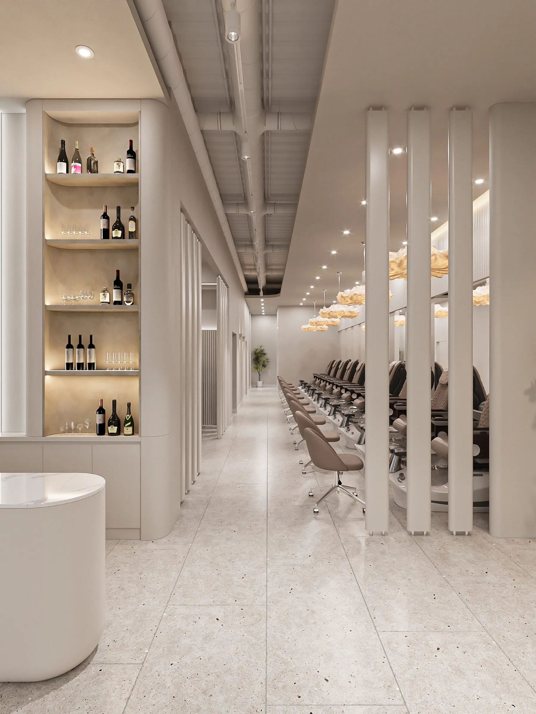 Architectural rendering of the corridor at Aria Nail Bar Arcadia, with backlit display shelves leading to the pedicure row.