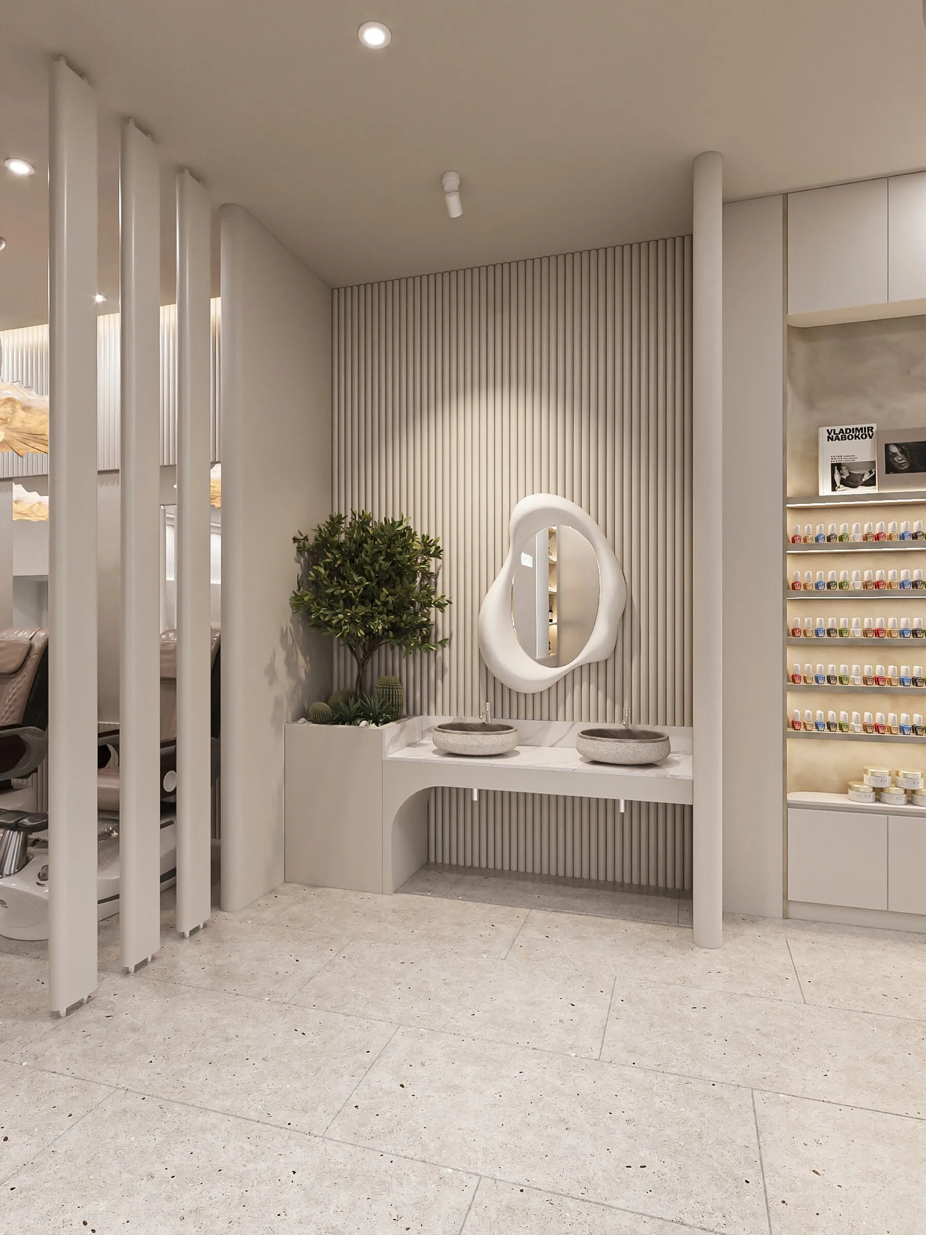 Architectural rendering of the entrance at Aria Nail Bar Arcadia, with slatted wood screens, a sculpted mirror and a low plinth.