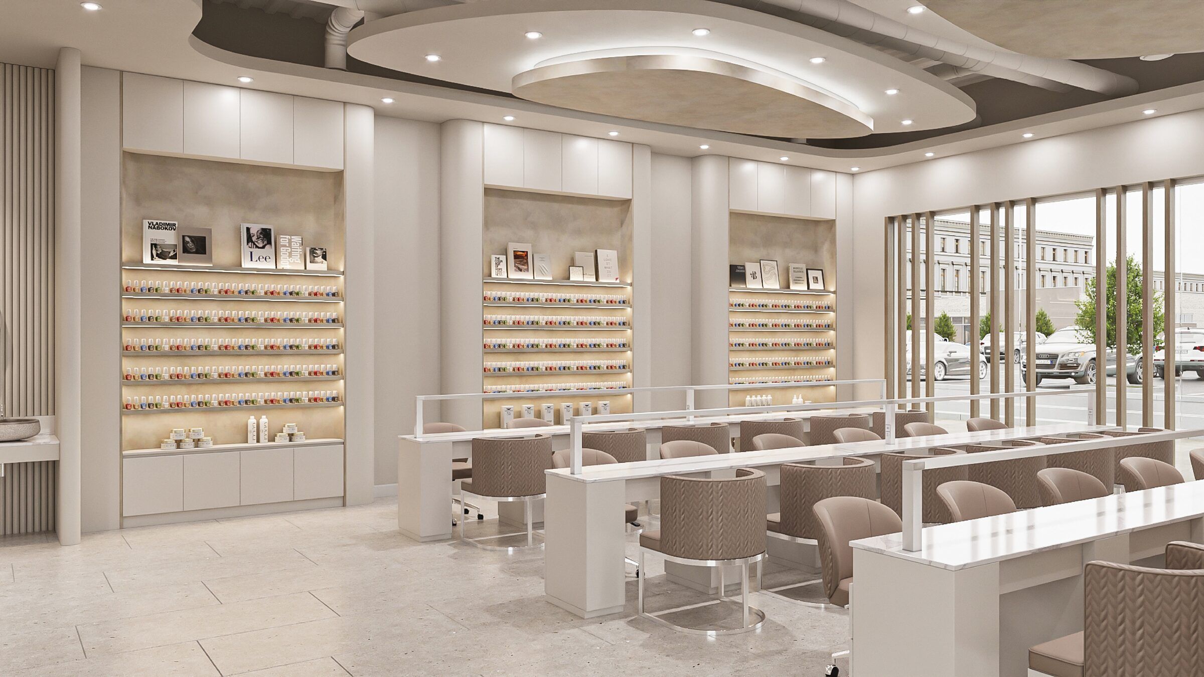 Architectural rendering of the manicure room at Aria Nail Bar Arcadia, with white stations and backlit polish displays.