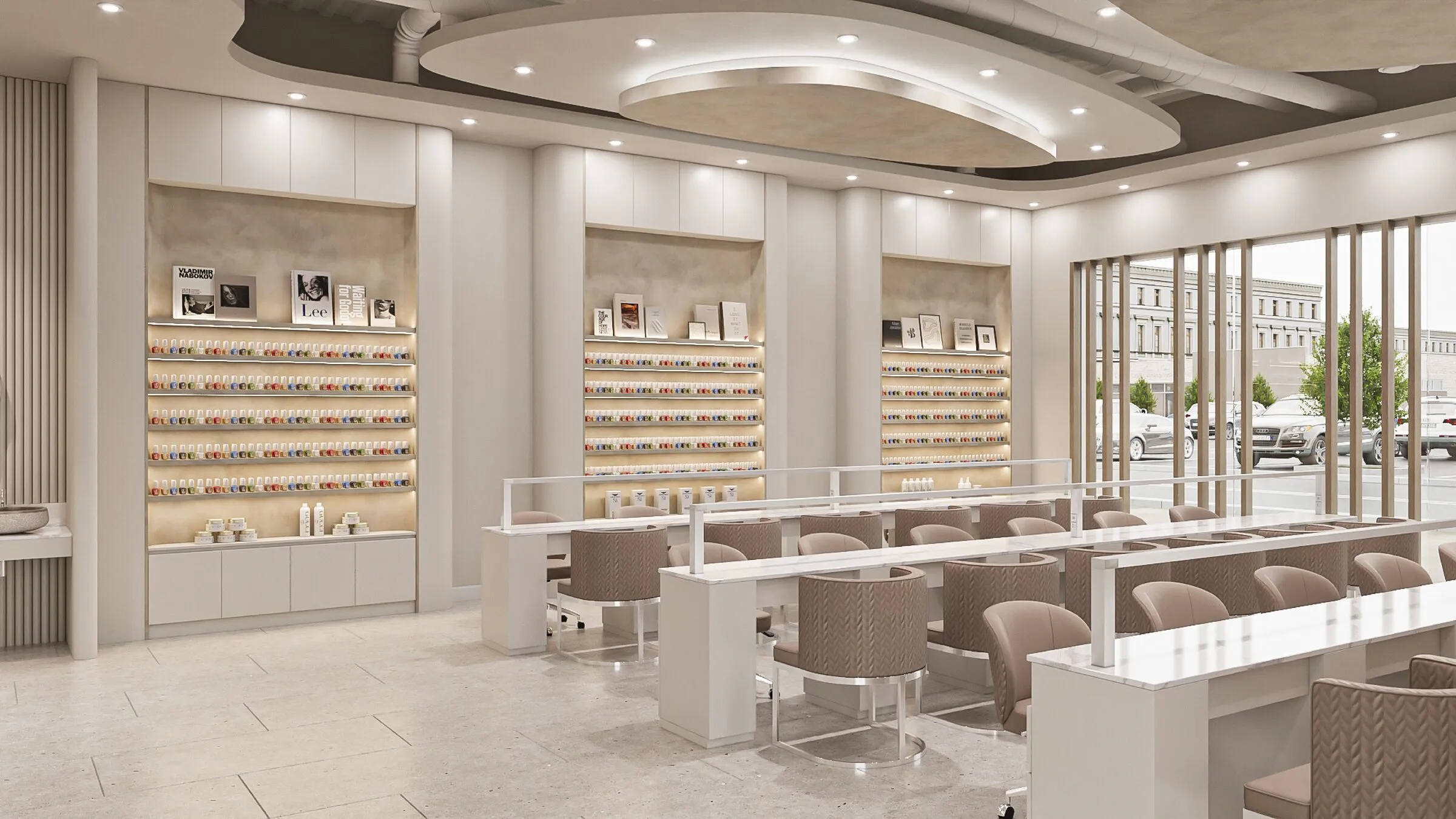 Architectural rendering of the manicure room at Aria Nail Bar Arcadia, with white stations and backlit polish displays.