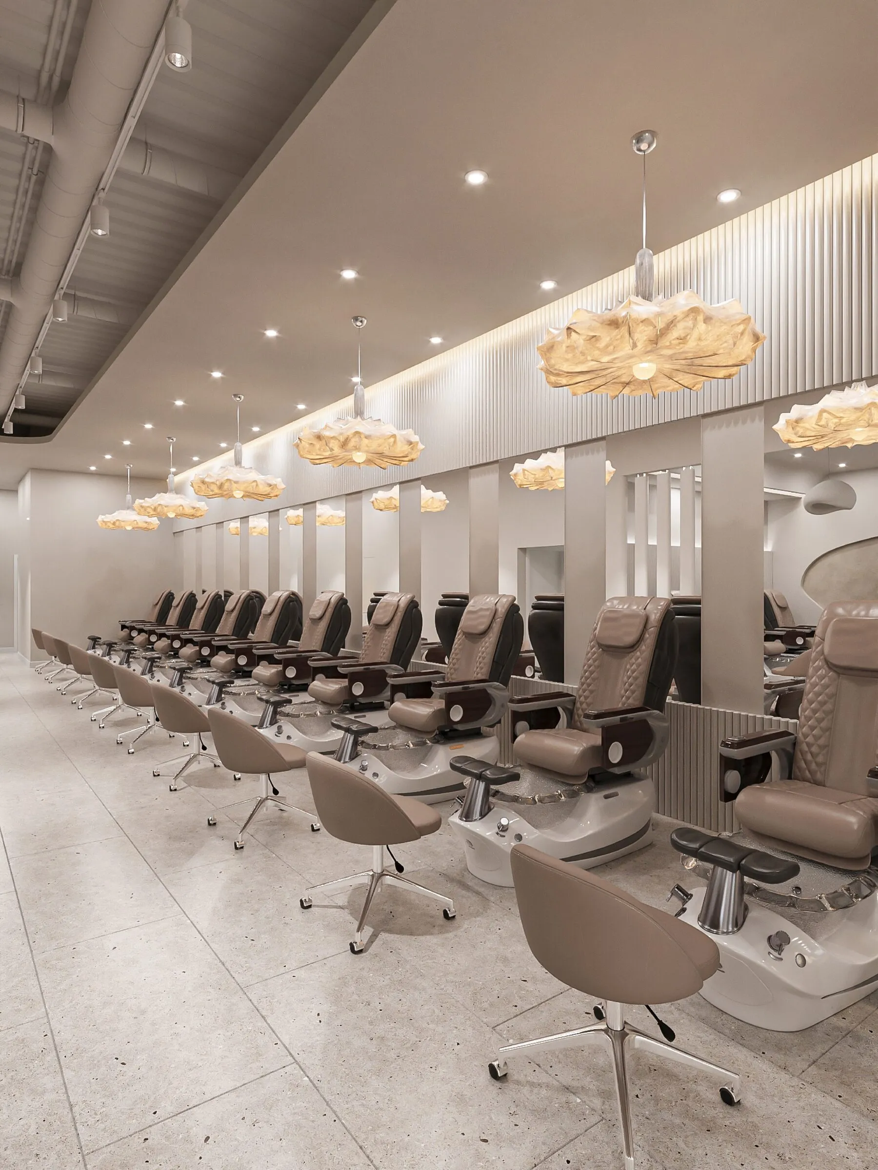Architectural rendering of a row of pedicure chairs beneath pendant lights at Aria Nail Bar Arcadia.