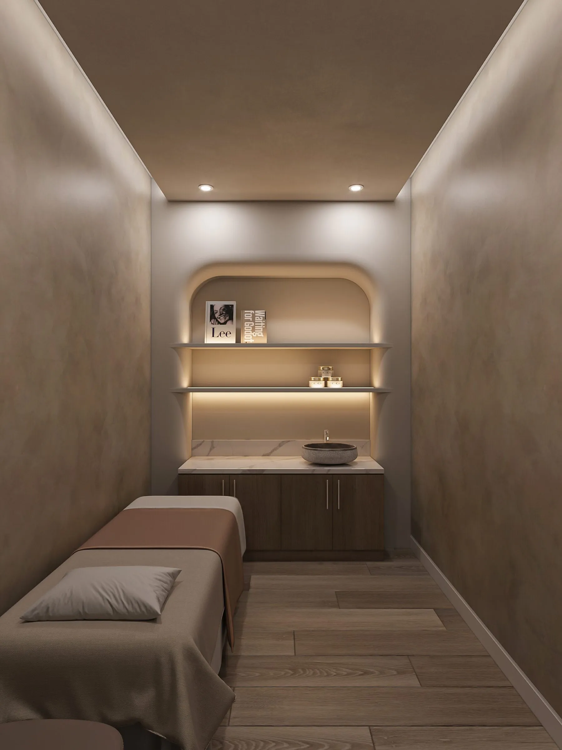 Architectural rendering of a private treatment room at Aria Nail Bar Arcadia, with a padded bed beneath an arched, backlit niche.